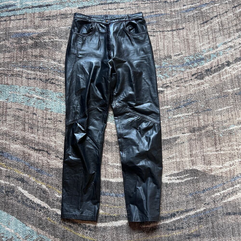 Women's Vintage 70's Montgomery Ward Black Leather Pants Sz 13/14 (30 x 30) VTG